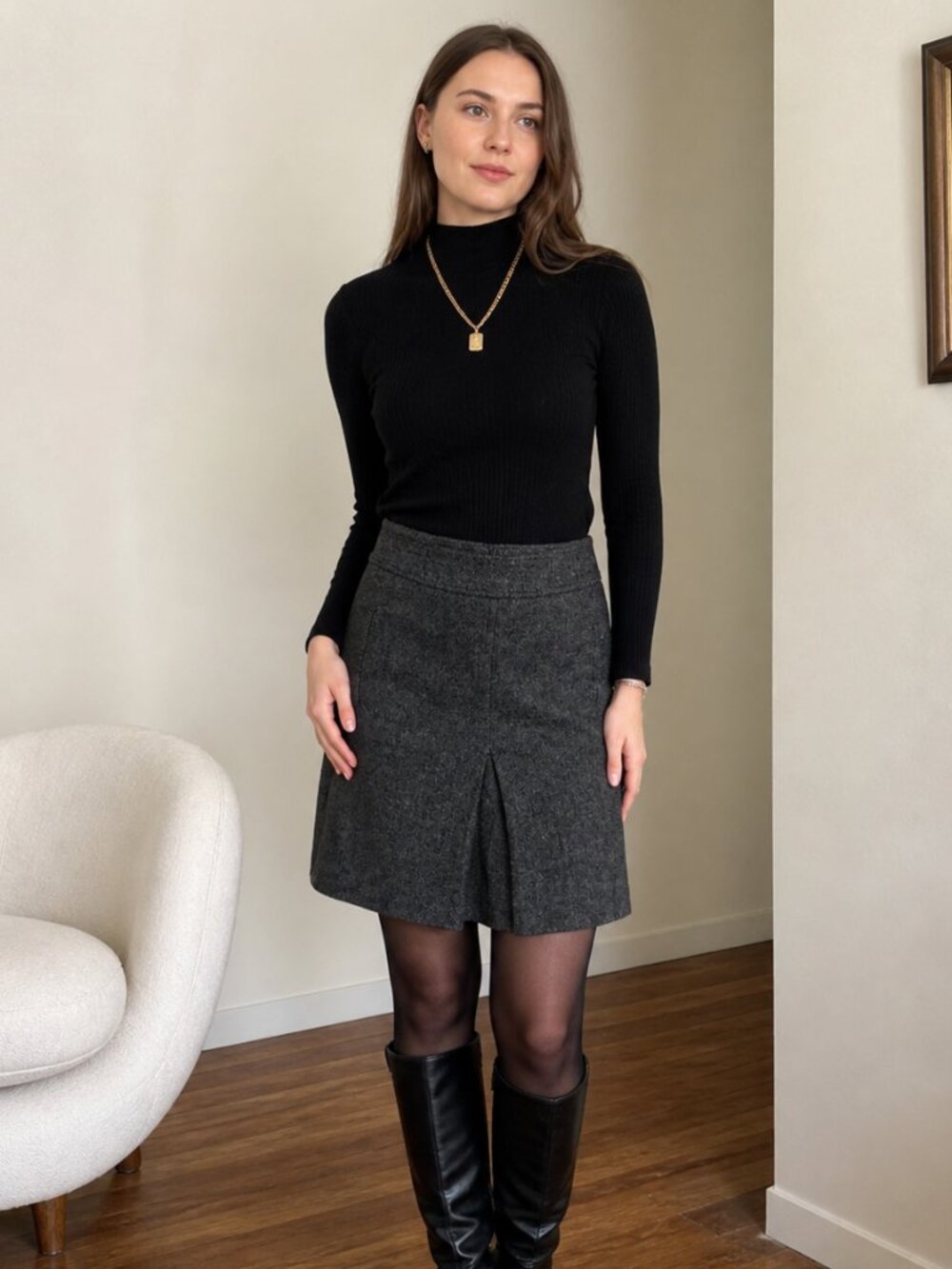 LOFT Ann Taylor Gray Black Herringbone Wool Blend Skirt Siz 0 Lined Pleated Work